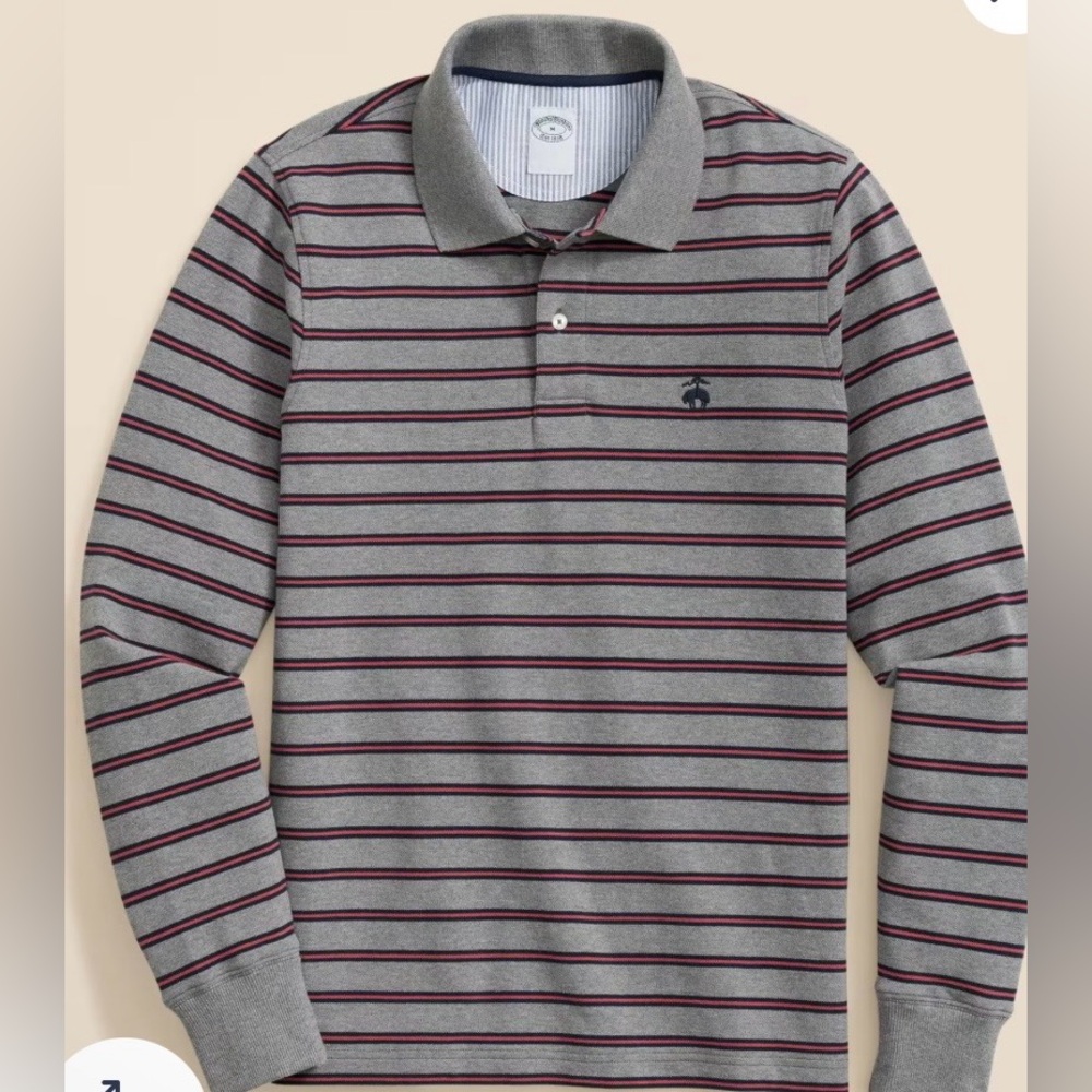 NWT Brooks Brothers Golden Fleece Stretch Supima Gray/Blue & Red Striped Polo